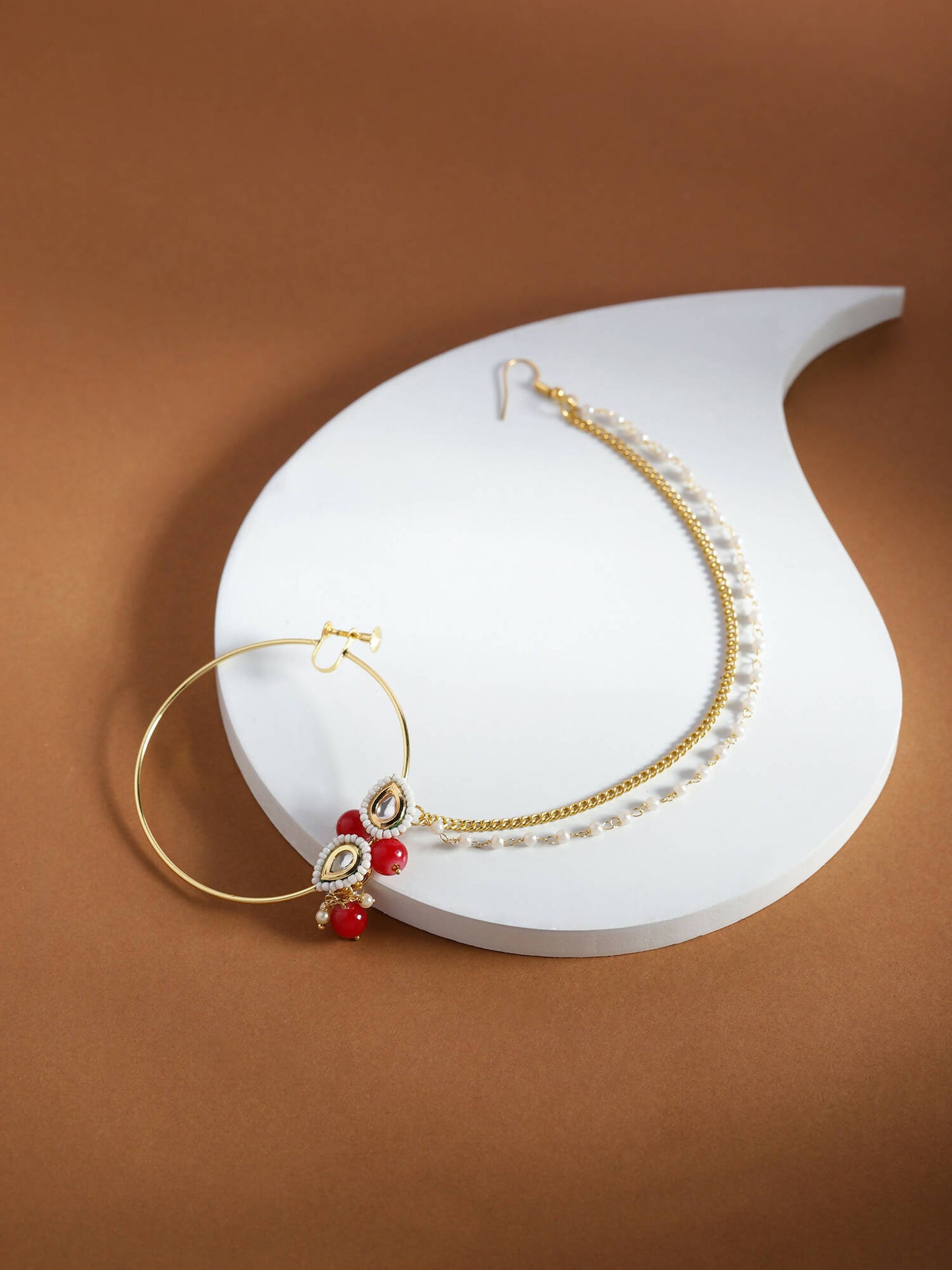 Gold-Pleated Red White Kundan Studded Beaded Nosepin - Ruby Raang