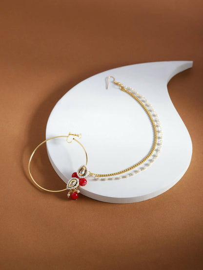 Gold-Pleated Red White Kundan Studded Beaded Nosepin - Ruby Raang
