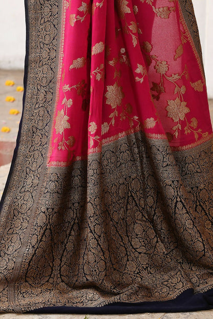 Joban Fashion Fuchsia Crepe Chiffon Pure Handloom Banarasi Silk Saree