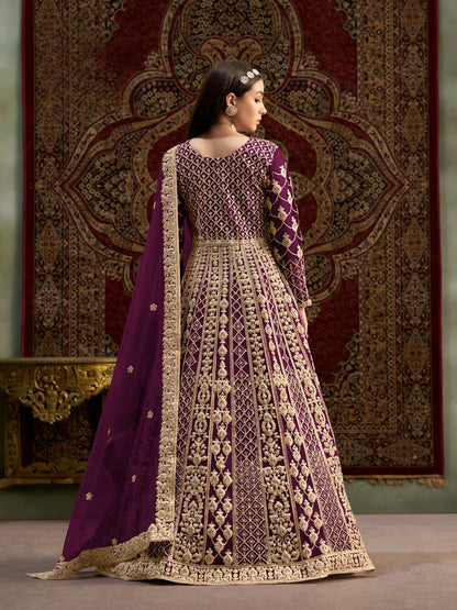 Anaita Purple Embroidered Net Stitched Anarkali Suit