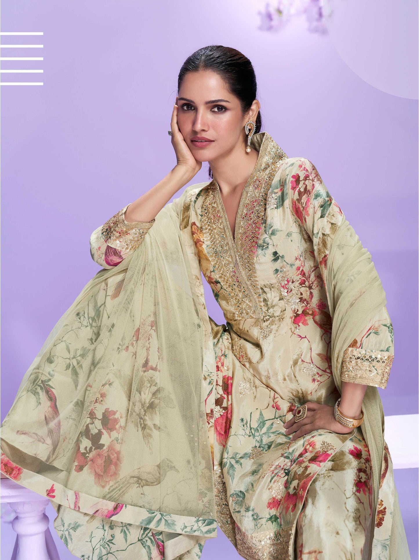 Anaita Cream Chinon Readymade Palazzo Suit with Digital Embroidery Work