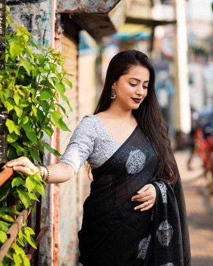 Black Pure Linen Woven Design Saree with Unstitched Blouse - A2M