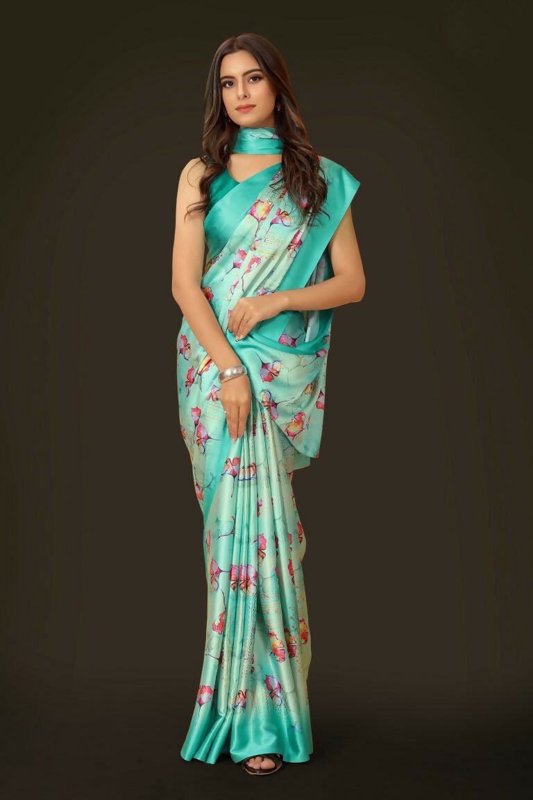 Aayaa Designer Printed Satin Saree - Multi Color
