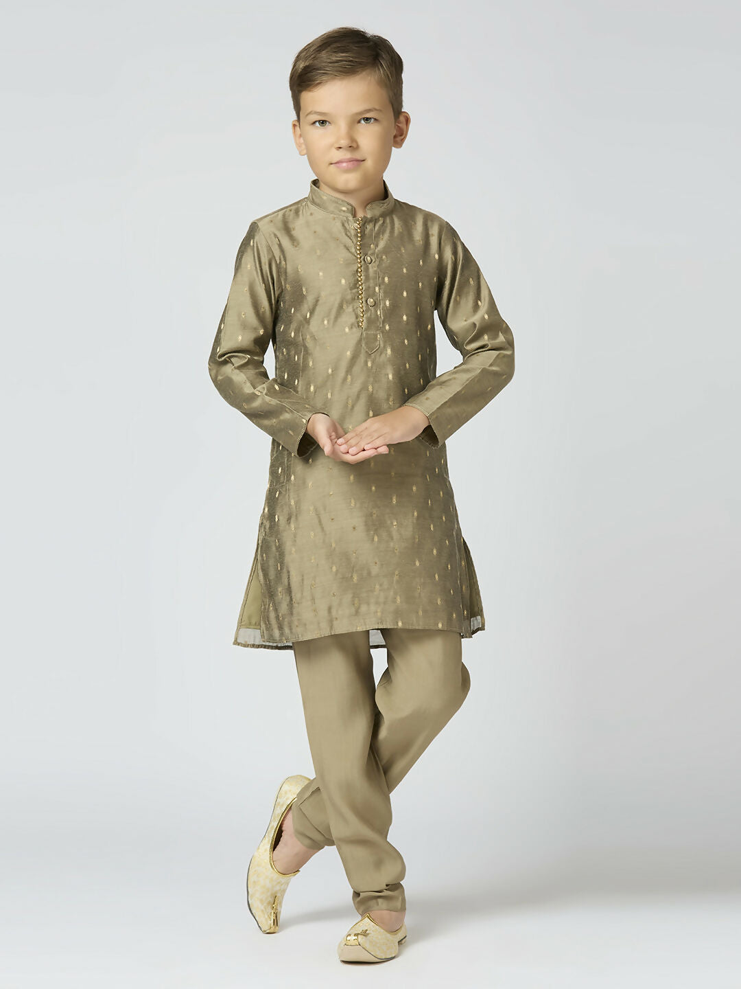 Joban Fashion Kids Island Full Sleeves Chanderi Kurta, Pyjama Set with Traditional Butta Work - Grey