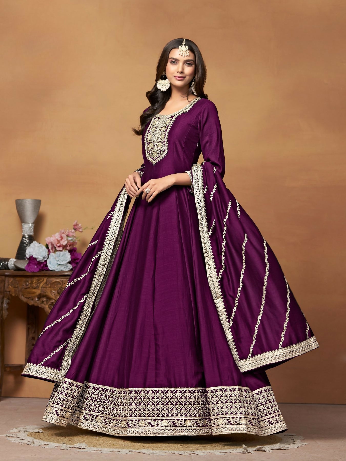 Anaita Wine Embroidered Art Silk Anarkali Suit