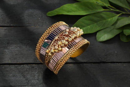 Mominos Fashion Gold-Polished Oxidised Mirror & Ghungroo Cuff openable Bracelet (MF0512)