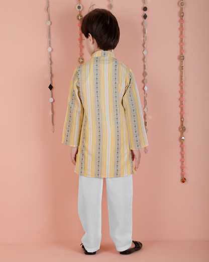 Joban Fashion Kids Island Cotton Full Sleeves Striped Kurta and Pyjama- Yellow