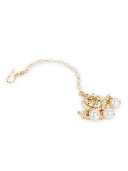 Gold-Polished White Kundan-Studded Beaded Layered Maang Tikka - Ruby Raang