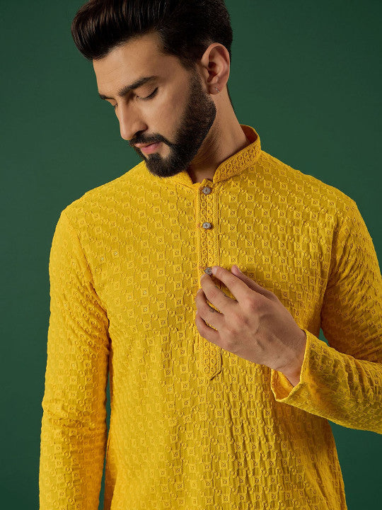 Anouk Geometric Embroidered Mandarin Collar Sequinned Straight Kurta Yellow