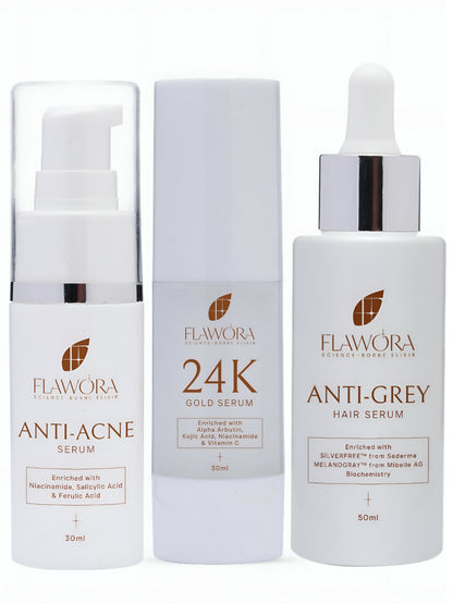 Flawora Set of Anti-Grey Hair Serum, Anti Acne Serum and Golden Glow Face Serum