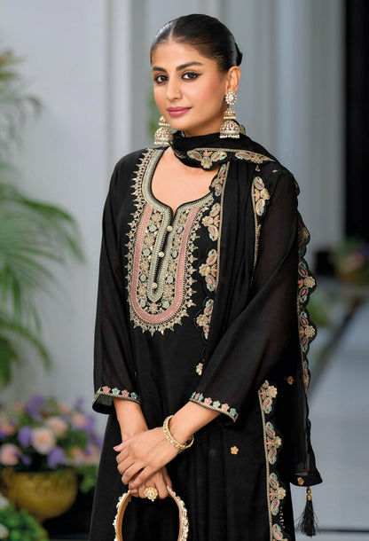 Anaita Black Premium Embroidered Chinon Readymade Salwar Suit (Free Size)