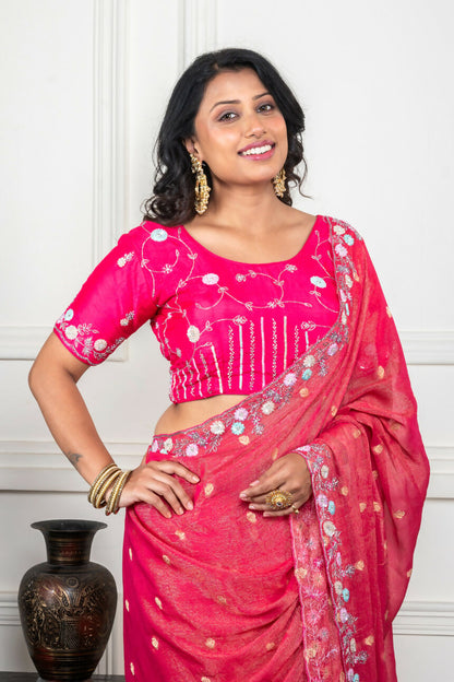 Morchari Pink Pure Chiffon Hand Embroidery Saree And Stitched Blouse