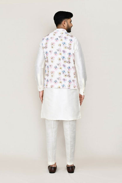 Joban Fashion White Colored Art Silk Fabric Kurta, Jacket With Straight Fit Pant
