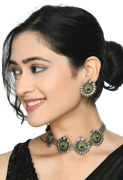 Mominos Fashion Johar Kamal Oxidised Silver-Plated Peacock Wings Work Necklace Handicraft