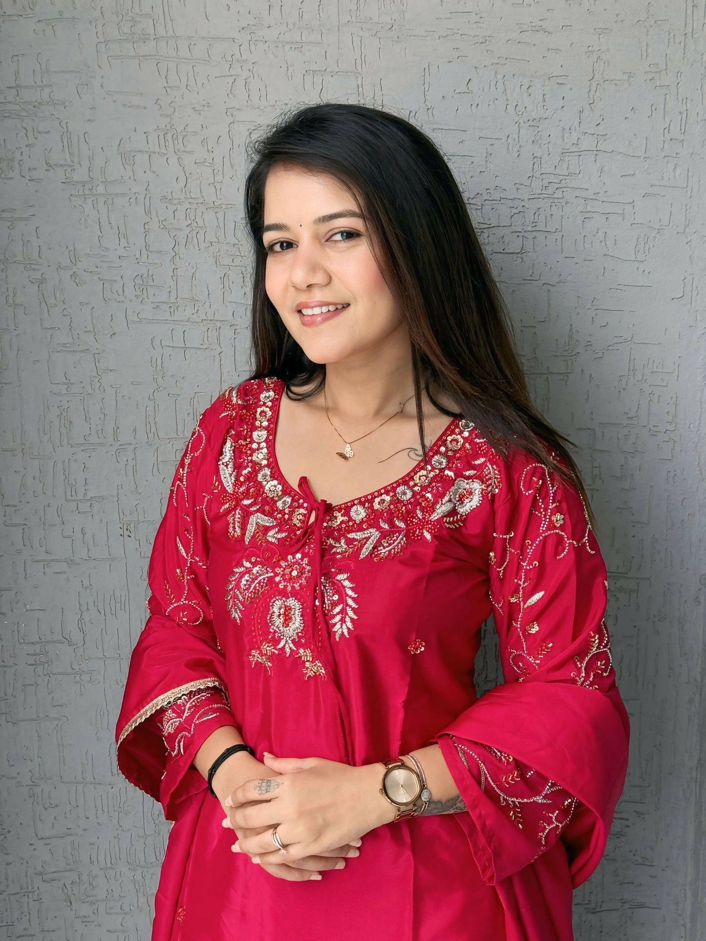 Anaita Red Crape Readymade Kurti Set with Beads Sequence Work