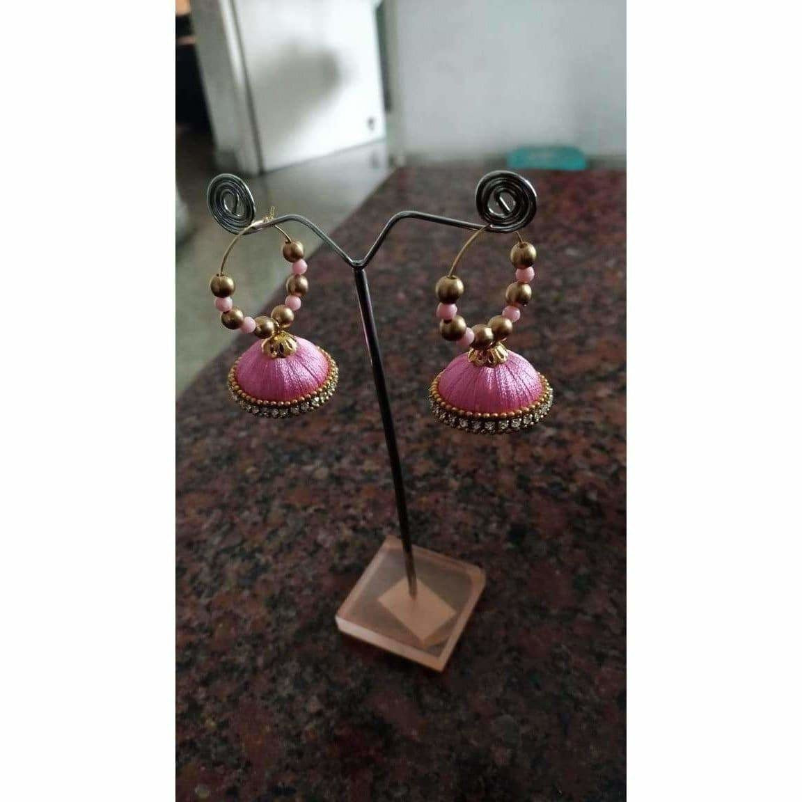Pink Color Silk Thread Earrings with Beads
