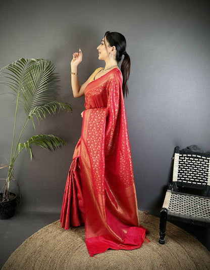 Joban Fashion Red Floral & Paisley Motifs Soft Satin Silk Banarasi Saree