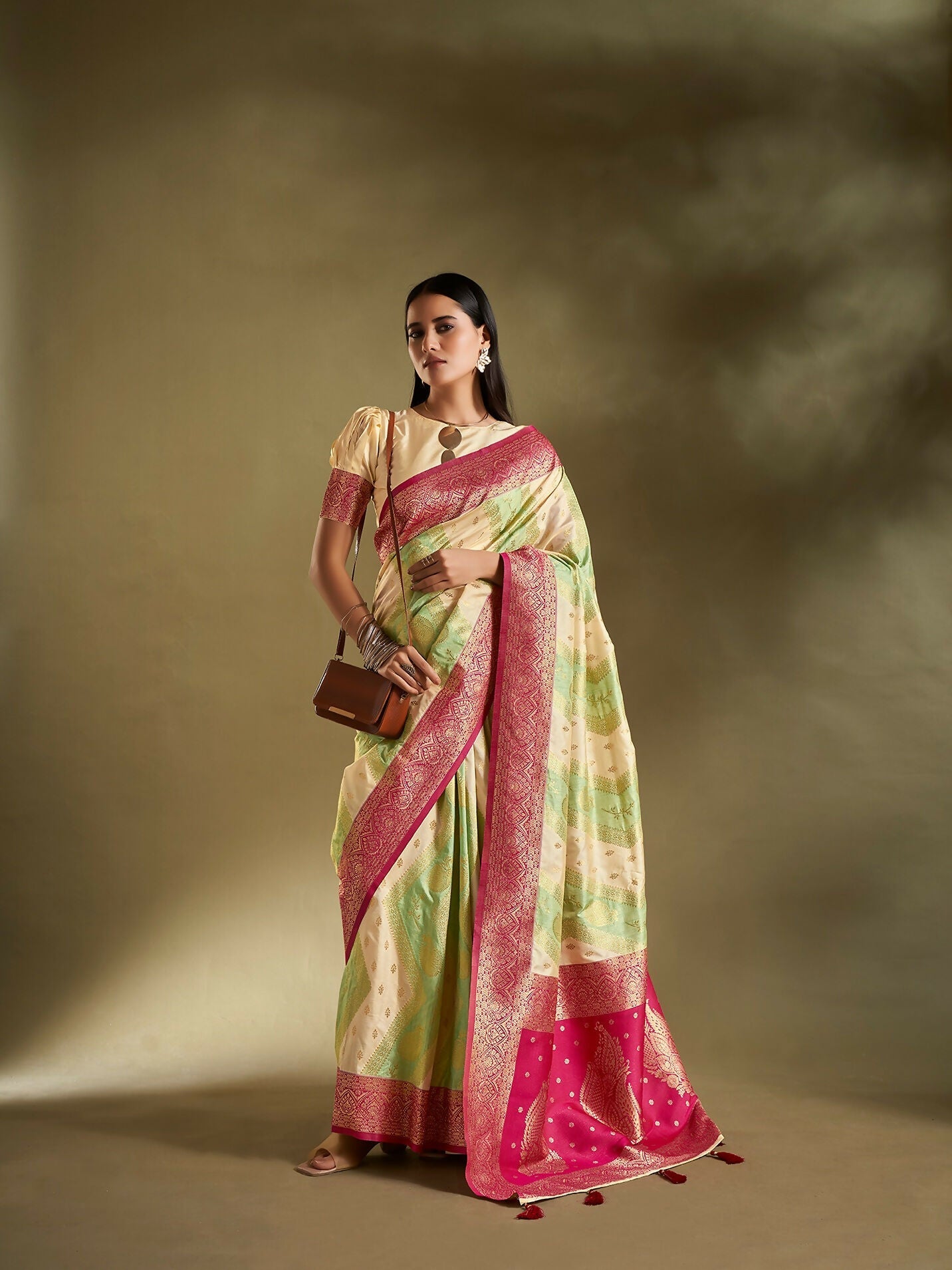 Joban Fashion Cream & Sea Green Plain With Weaving Border Banarasi Silk Sarees