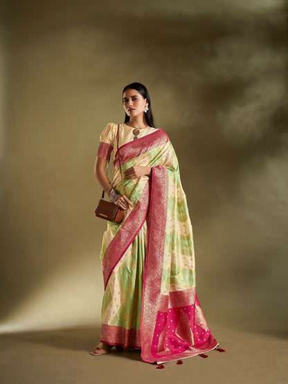 Joban Fashion Cream & Sea Green Plain With Weaving Border Banarasi Silk Sarees