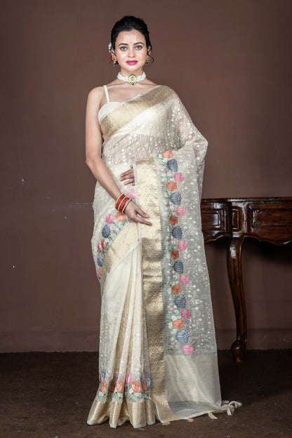 Morchari Beige Banarasi Tissue Computer Embroidery Saree Unstitched Blouse