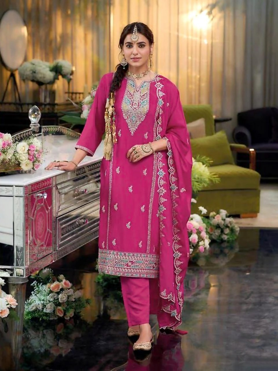 Anaita Rani Pink Heavy Chinon Readymade Suit with Embroidery & Sequence Work