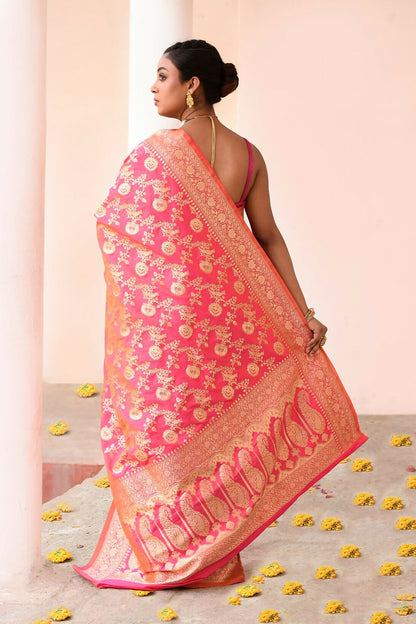 Joban Fashion Pink Peach Soft Pure Handloom Banarasi Silk Saree
