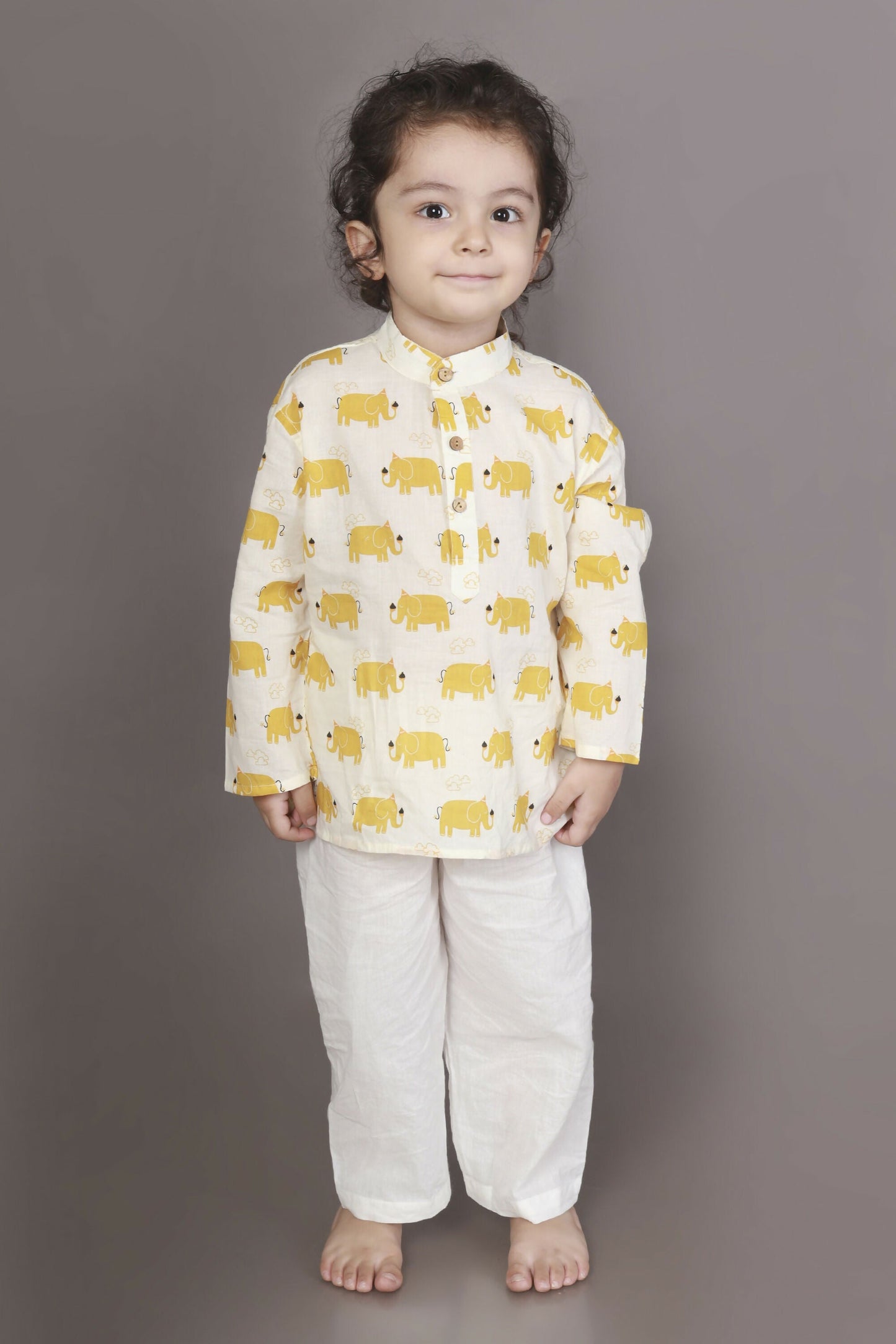 Breathables Kids Cotton Night Suit – Yellow Elephant Print Kurta & Pyjama Co-Ord Set For Boys & Girls