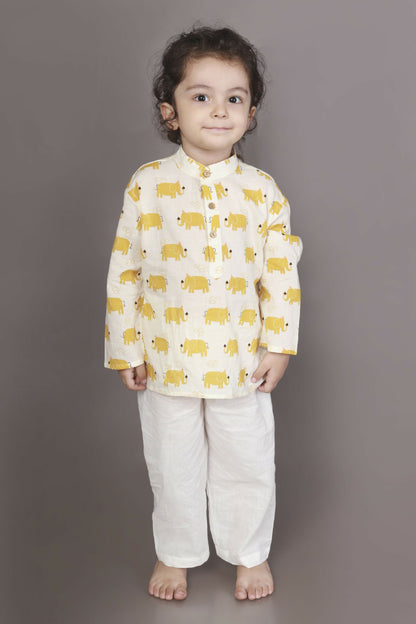 Breathables Kids Cotton Night Suit – Yellow Elephant Print Kurta & Pyjama Co-Ord Set For Boys & Girls