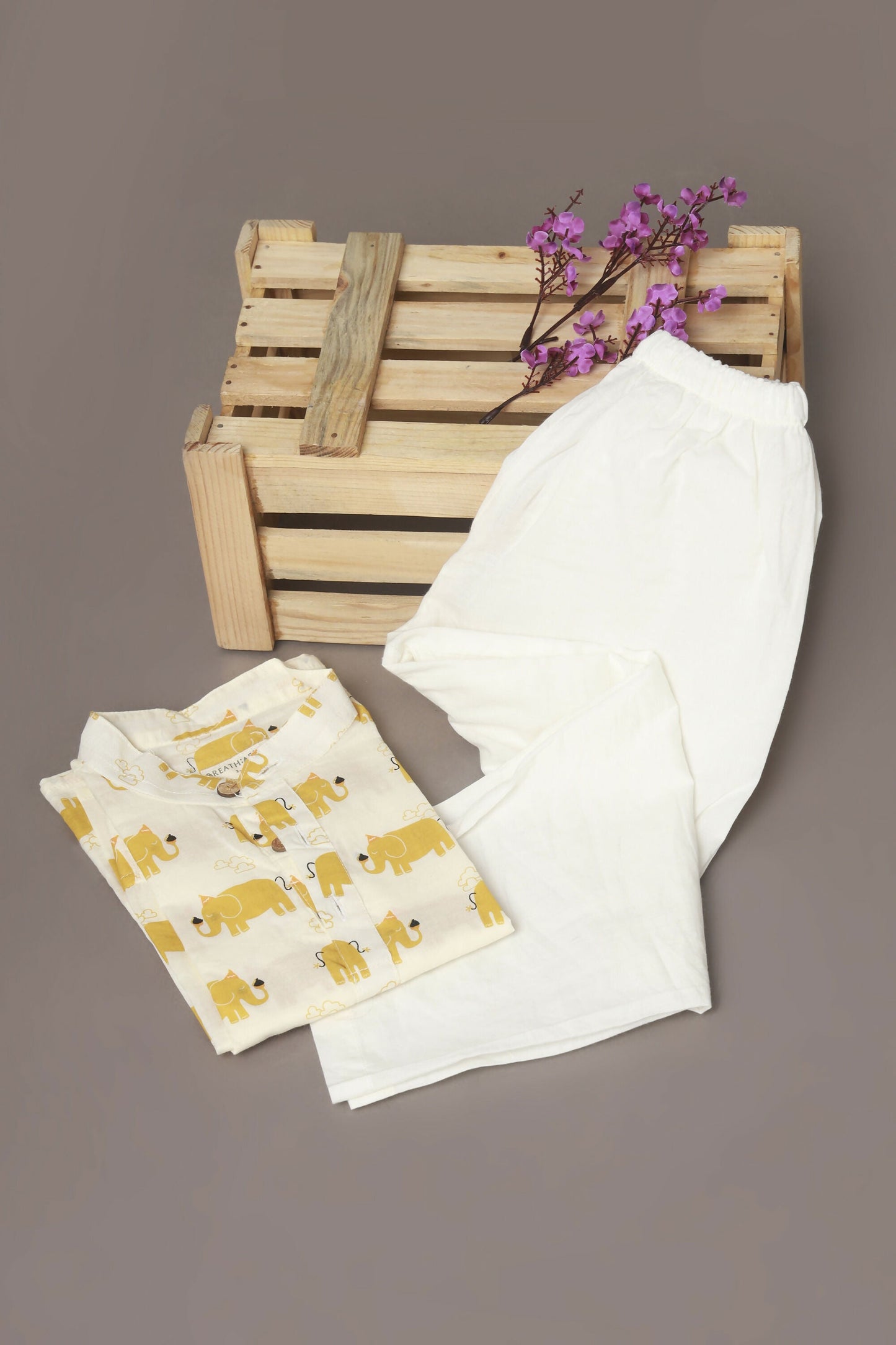 Breathables Kids Cotton Night Suit – Yellow Elephant Print Kurta & Pyjama Co-Ord Set For Boys & Girls