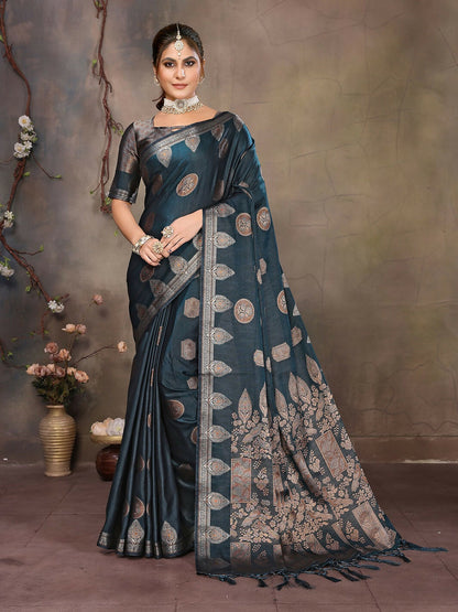 Joban Fashion Teal Blue Woven Jacquard Banarasi Silk Sarees