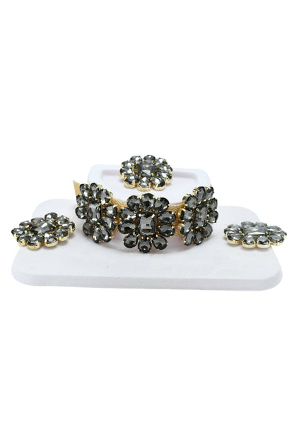 Mominos Fashion Joharkamal Gold-Polished Brass Finish Stone Choker For Women & Girls (Grey)