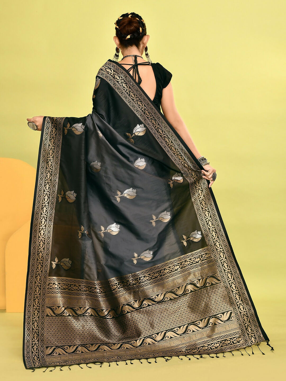 Joban Fashion Grey & Black Plain With Weaving Border Banarasi Silk Sarees