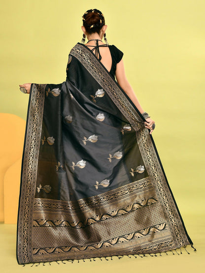 Joban Fashion Grey & Black Plain With Weaving Border Banarasi Silk Sarees