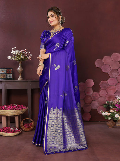 Joban Fashion Indigo Blue Floral Banarasi Silk Sarees