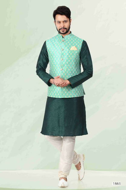 Raivat Ethnic Jacquard Banarasi Silk Woven Work 3 Pics Jacket Set In Pista Green Colour