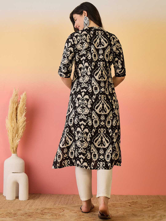 Sangria Black Ikat Printed High Slit Mandarin Collar Roll-Up Sleeves A-line Kurta