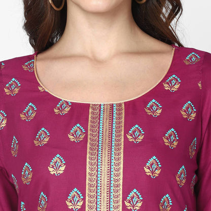 Cheera Hand Block Print Purple & Skin Color Straight Kurta With Palazzo (MAAI-075K)