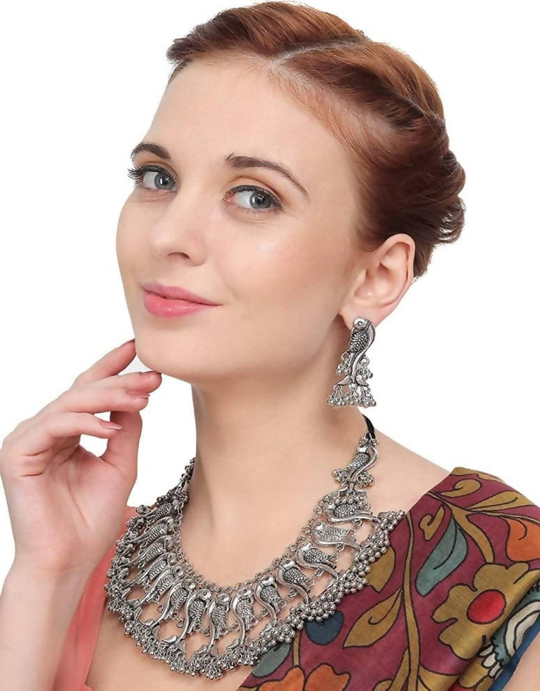 Mominos Fashion Parrot Design Silver Color Choker with Ghungru Necklace Set