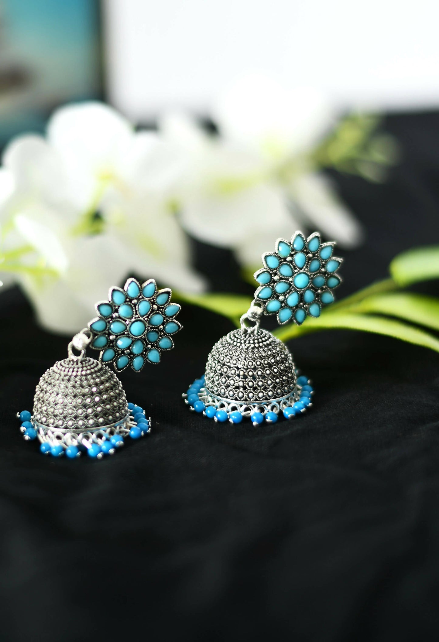 Mominos Fashion Joharkamal Kundan work Jhumka with Sky Blue Beads