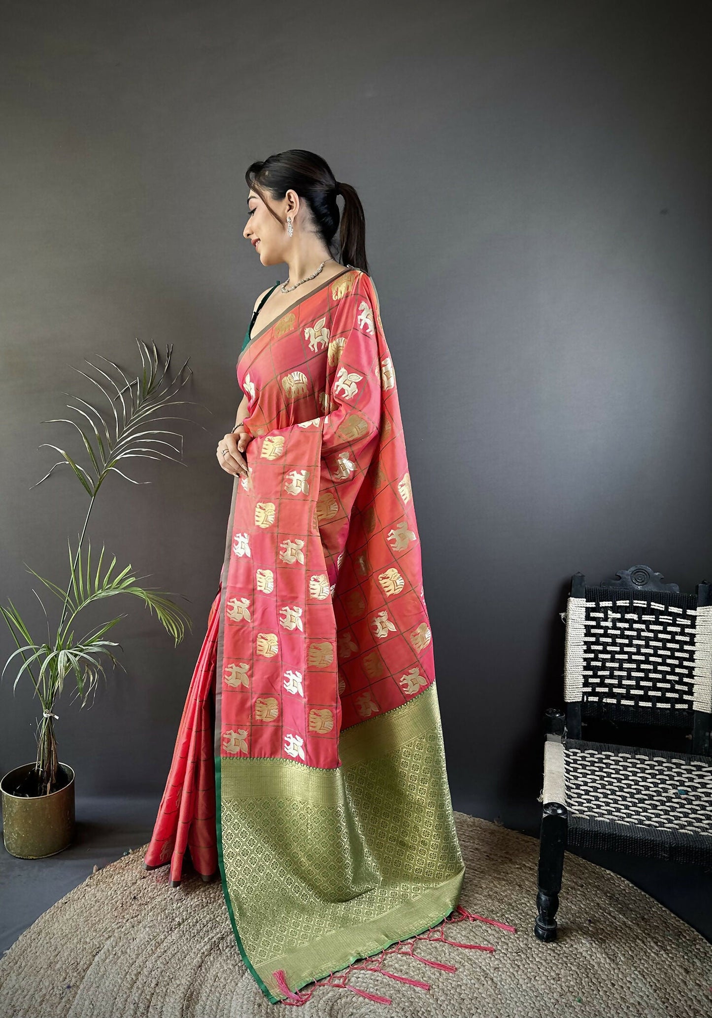 Joban Fashion Orange Elephant Motif Soft Silk Banarasi silk Saree