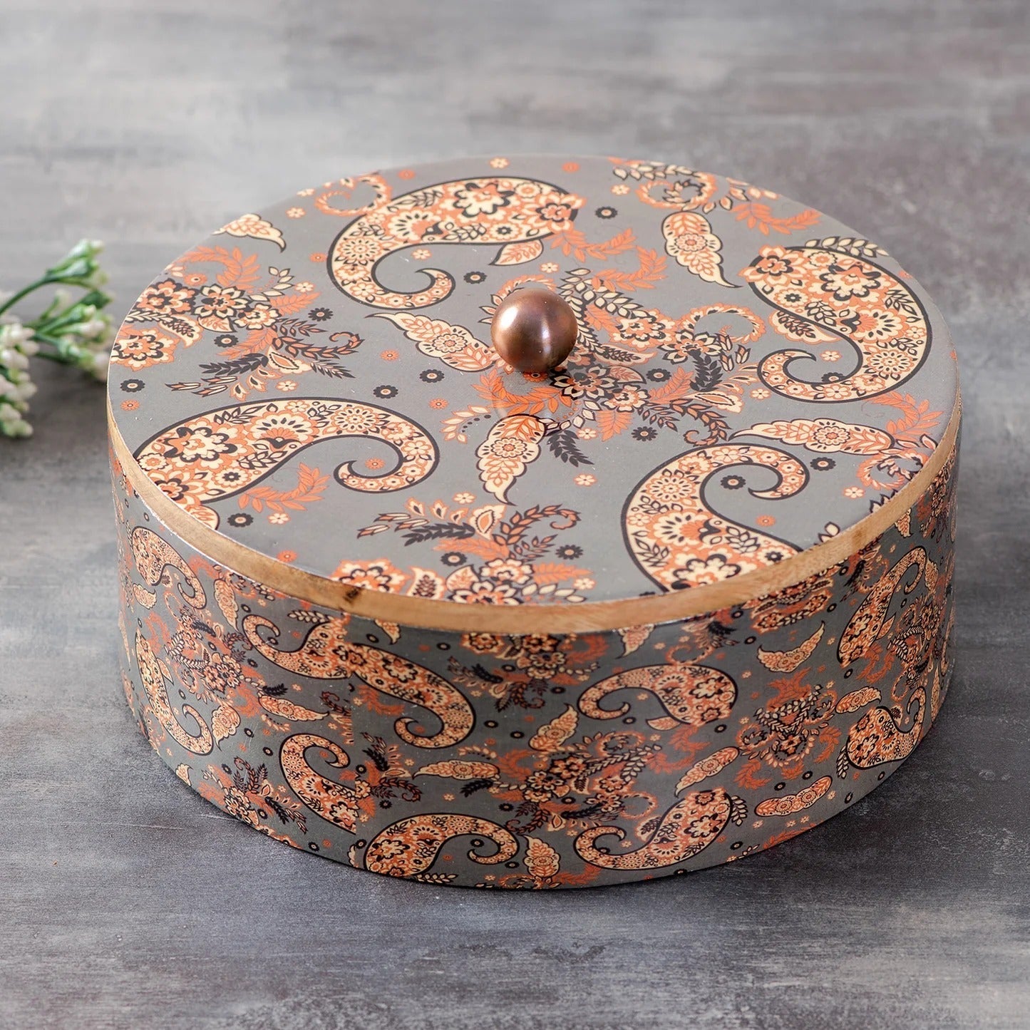 Nestroots Allure Teak Wood Masala Box Grey Enamel with 7 Stainless Steel Jars
