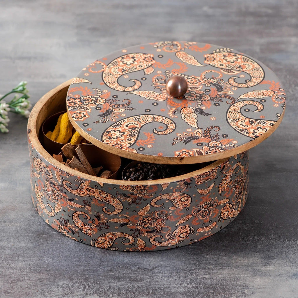 Nestroots Allure Teak Wood Masala Box Grey Enamel with 7 Stainless Steel Jars