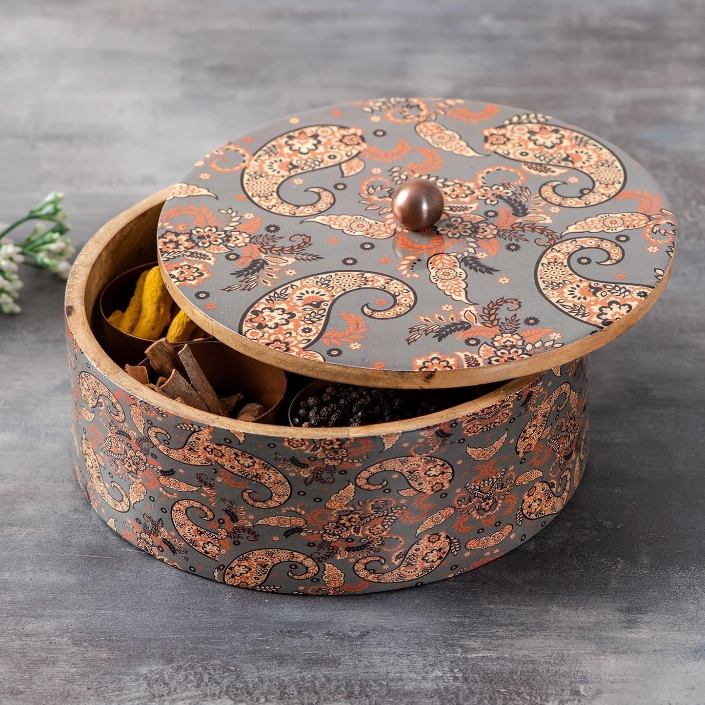 Nestroots Allure Teak Wood Masala Box Grey Enamel with 7 Stainless Steel Jars