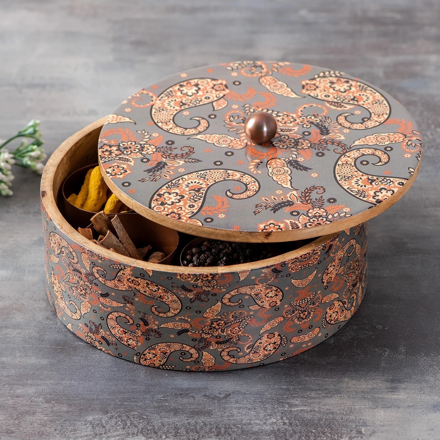 Nestroots Allure Teak Wood Masala Box Grey Enamel with 7 Stainless Steel Jars