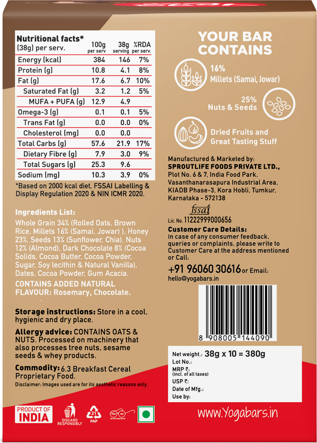 Yogabar Chocolate Chunk Nut Energy Bar - 380 gms