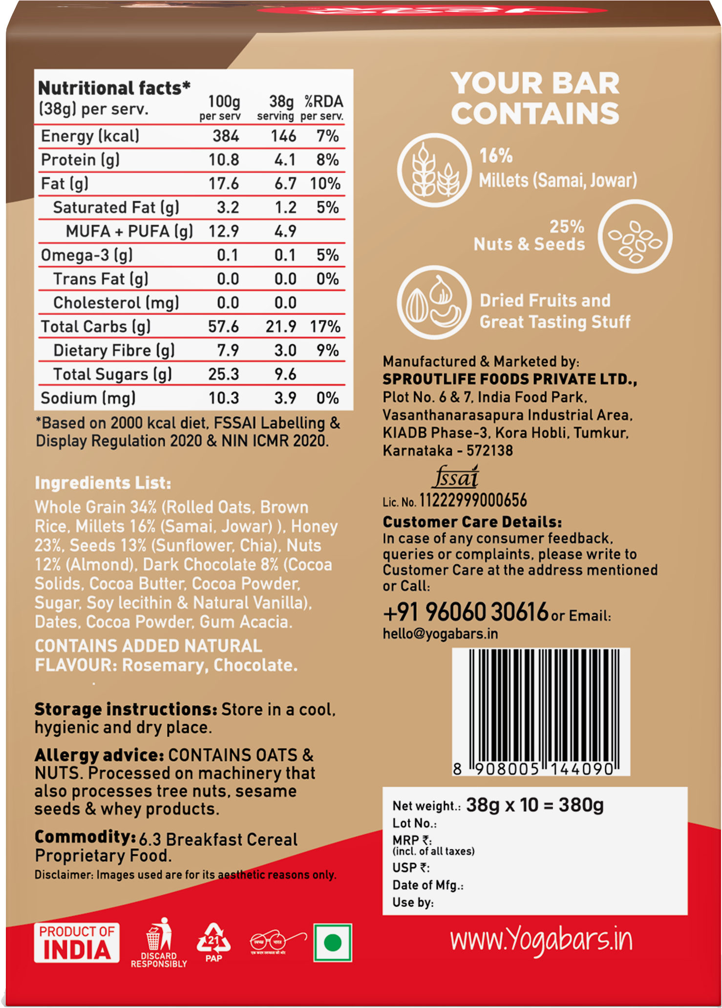 Yogabar Chocolate Chunk Nut Energy Bar - 380 gms