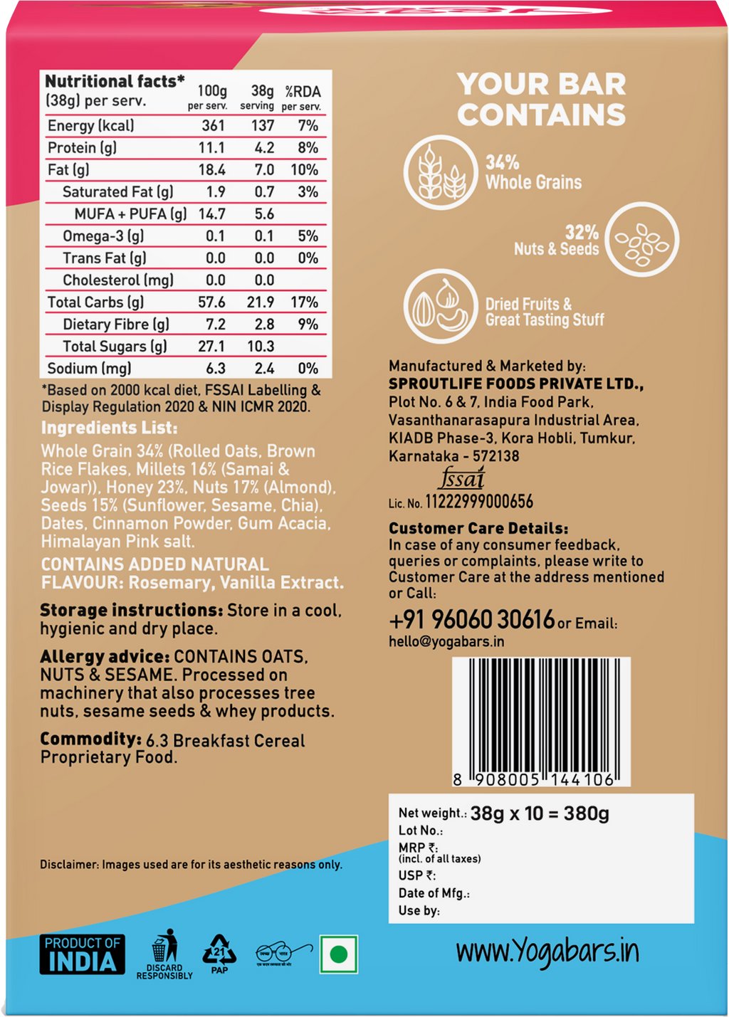 Yogabar Vanilla Almond Energy Bar - 380 gms