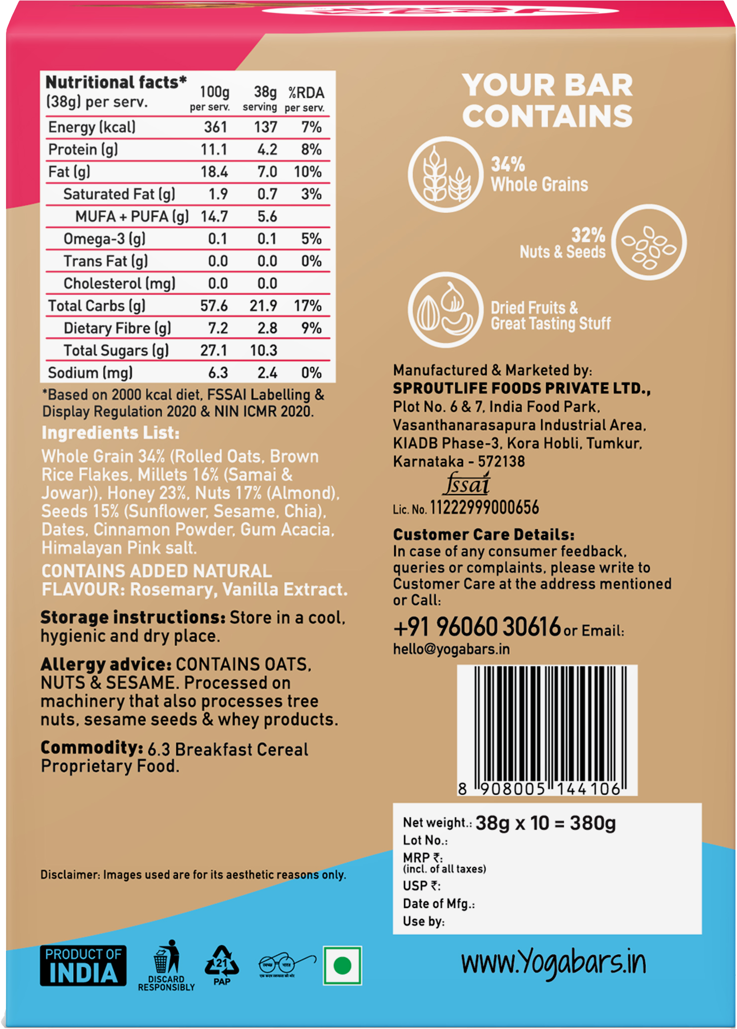 Yogabar Vanilla Almond Energy Bar - 380 gms