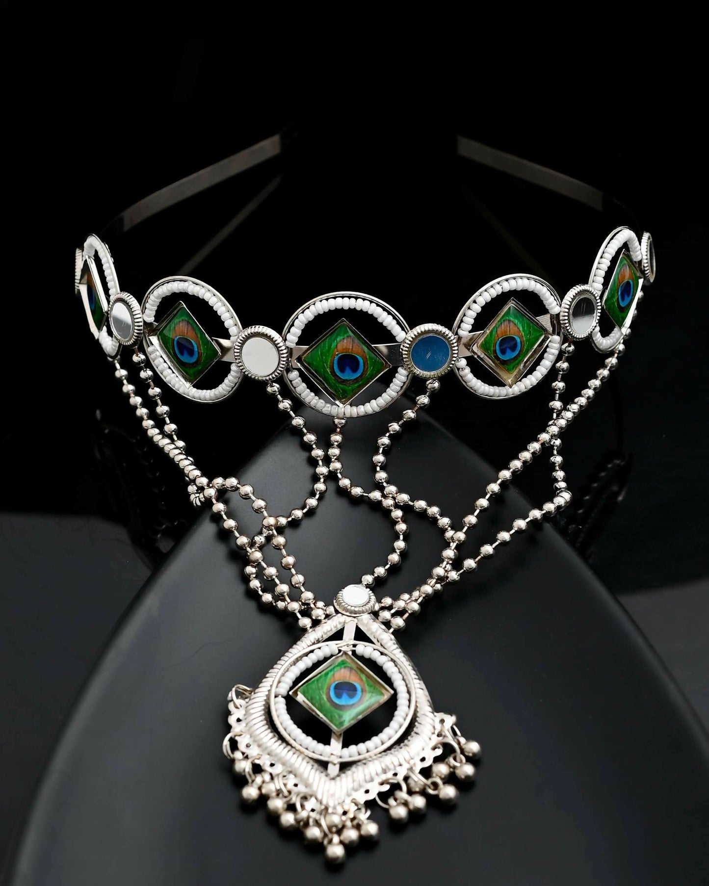 VOJ Silver Plated Peacock Printed Hairband With Mang Tikka