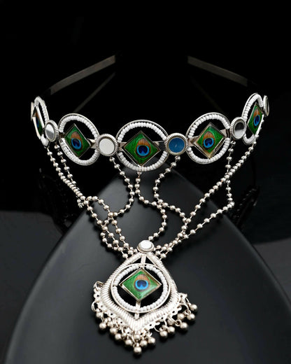 VOJ Silver Plated Peacock Printed Hairband With Mang Tikka